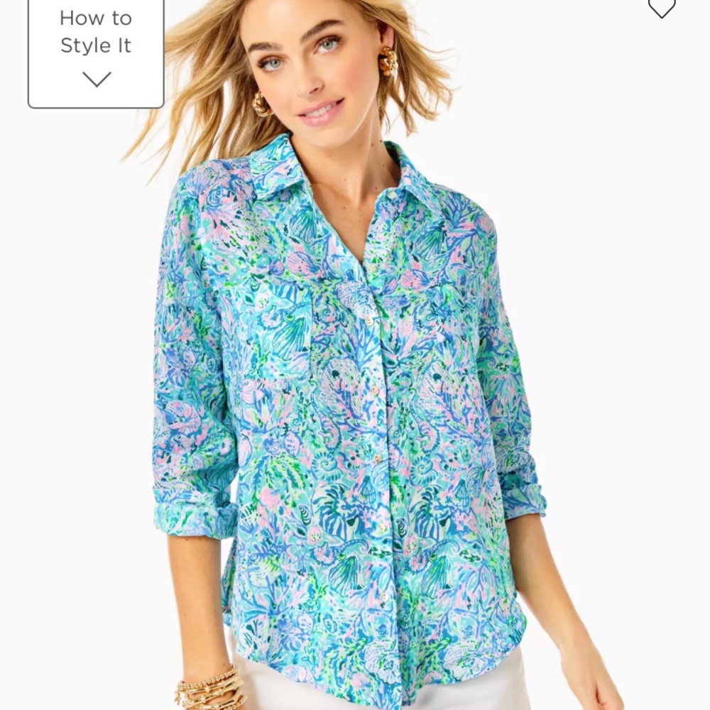 Lily pulitzer Sea View Linen Button Down Top

Color:	Surf Blue Soleil It On Me